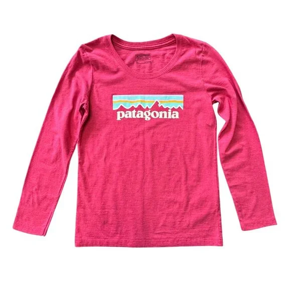 PATAGONIA Pink Logo T-Shirt Girls M 10 Medium Organic Cotton Long Sleeve Tee Top - Picture 1 of 6